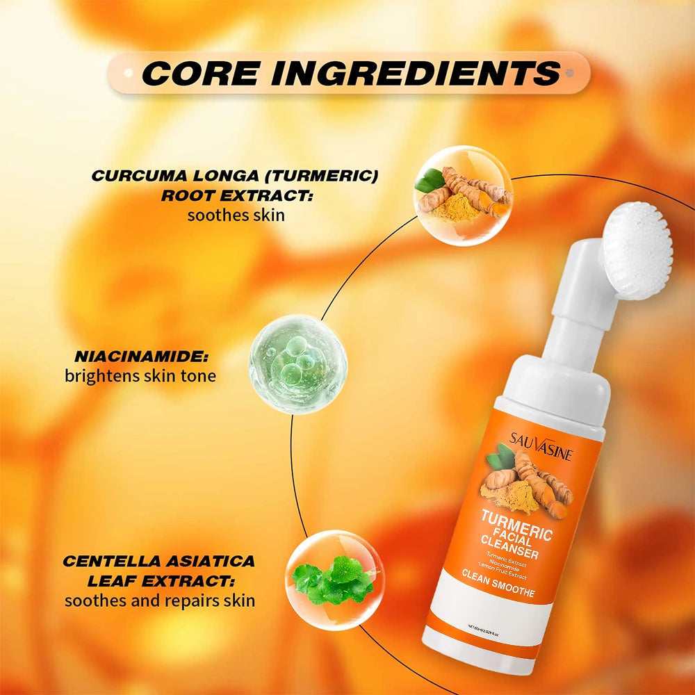 Turmeric Cleanser Moisturize Facial Brightening Skin Tone Daily Face Wash Foam with Brush Skin Care Clean Lemon Fruit Extract